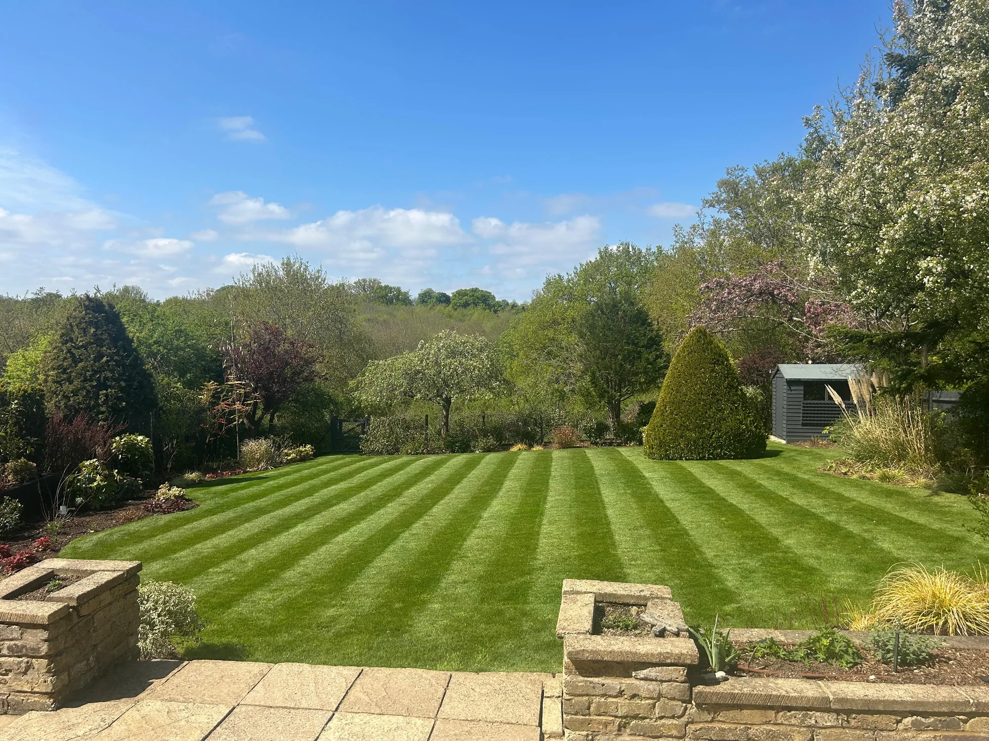 Stripe-cut lawn with fresh border planting after a full landscaping refresh